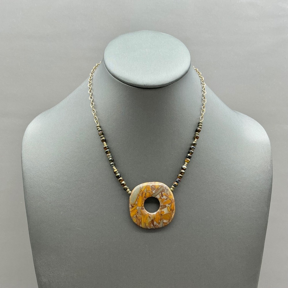 Stone Pendant Beaded Necklace Women Brown Jasper Agate Gold Tone Chain Jewelry